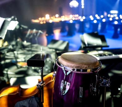 View from behind a drum set onstage