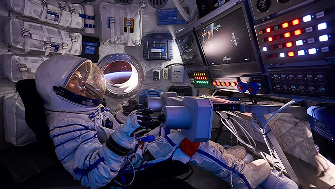 The “Space Rescue” themed experience features realistic visuals of deep space powered by Christie Pandoras Box.