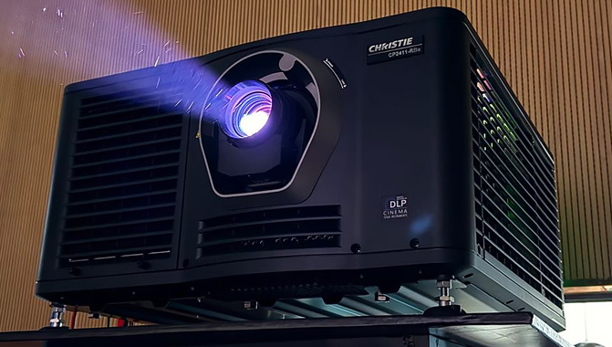 The movie screenings are powered by the Christie CP2411-RBe projector (above) and IMB-S4 media server