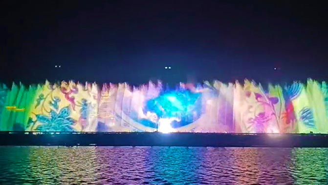 Crimson WU32 projectors create stunning water curtain projections measuring 180 meters (590 feet) wide by 18 meters (59 feet) high.