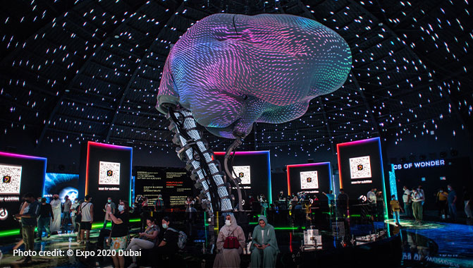 Visitors to the Russia Pavilion at Expo 2020