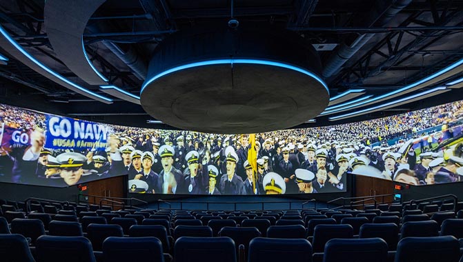 The new Akerson Theater, a 180-degree immersive theater that uses a suite of Christie&reg; products, including HS Series projectors, Spyder X20, Mystique&trade;  and Pandoras Box