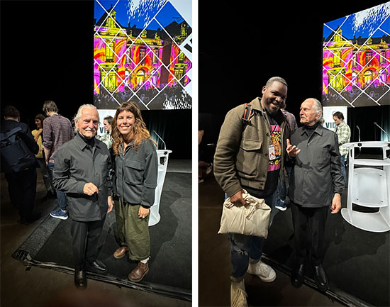 (Left) A man and woman stand side-by-side in front of a podium. (Right) Two men stand on a stage in front of a podium.