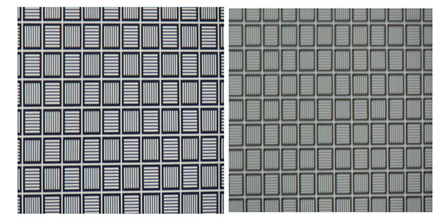 Stacked images of rectangles, with the top in sharper contrast compared to the bottom.