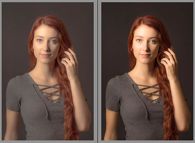 Side-by-side images of a woman with long red hair. The left image is shown in lower contrast and the right in high contrast. 