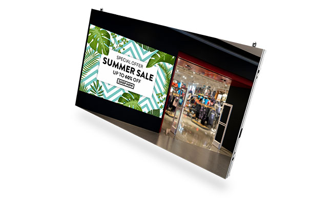 An LED tile displays an image of a retail clothing store.