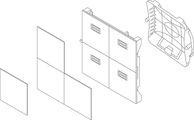 This diagram looks at a typical LED tile with a cabinet. From left to right: LED modules, a cabinet that includes the power supply, receiver card, and hub, and the cabinet cover.