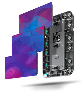 Three LED tiles are shown on a mount.