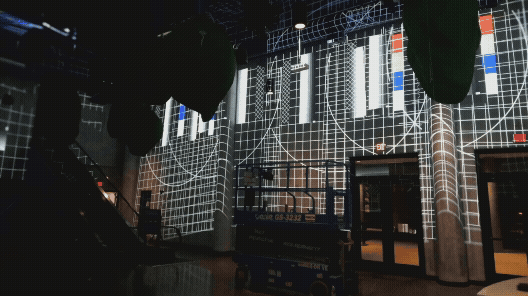 An animation of projection onto walls of a lobby area.