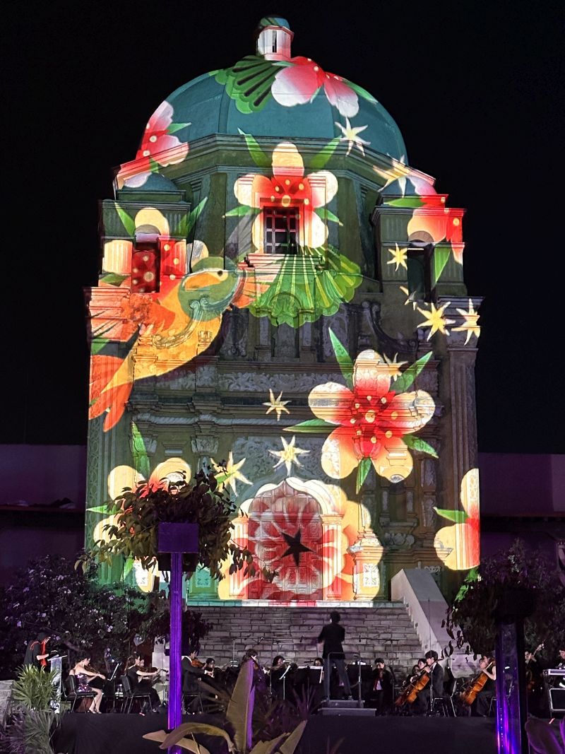 The fa&ccedil;ade of a historic Baroque-style building is projection mapped with colorful flowers.