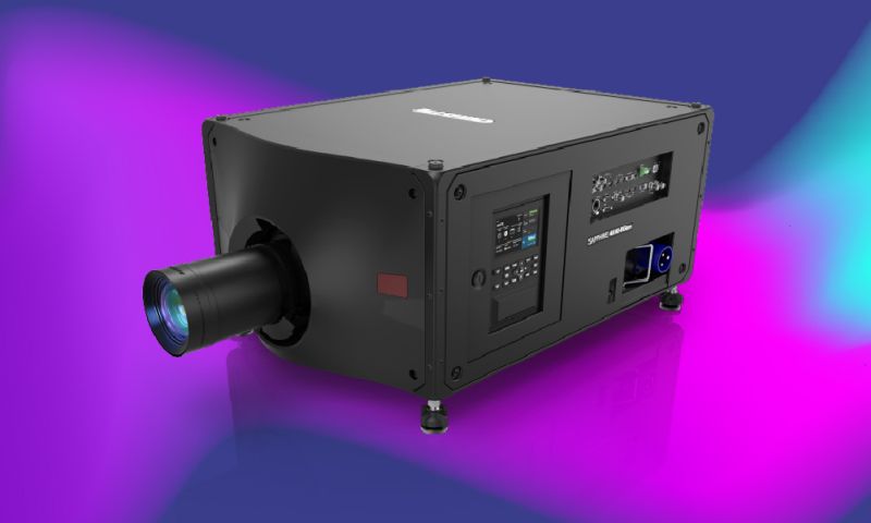 A 3DLP projector on a blue and purple background.