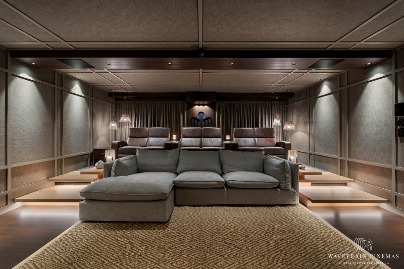 A view from the front to the back of a luxury home theater.
