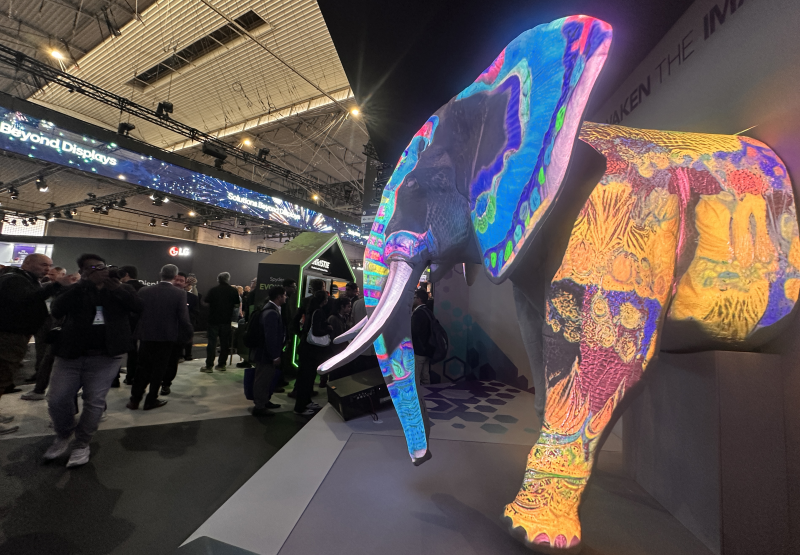 A model of an elephant projection mapped at a trade show.